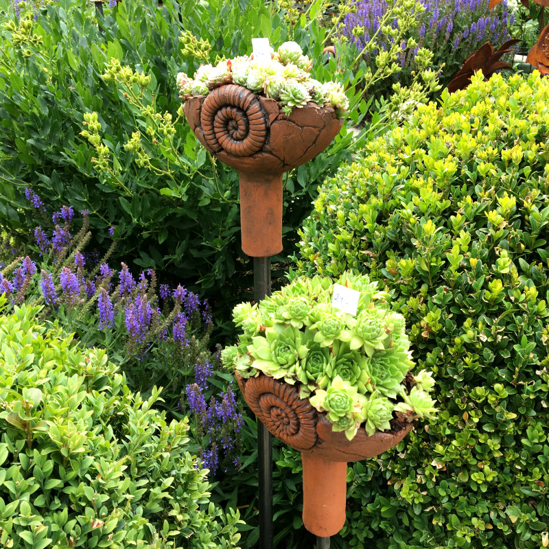Gartenstecker aus rotem Ton mit Hauswurtz im Beet.