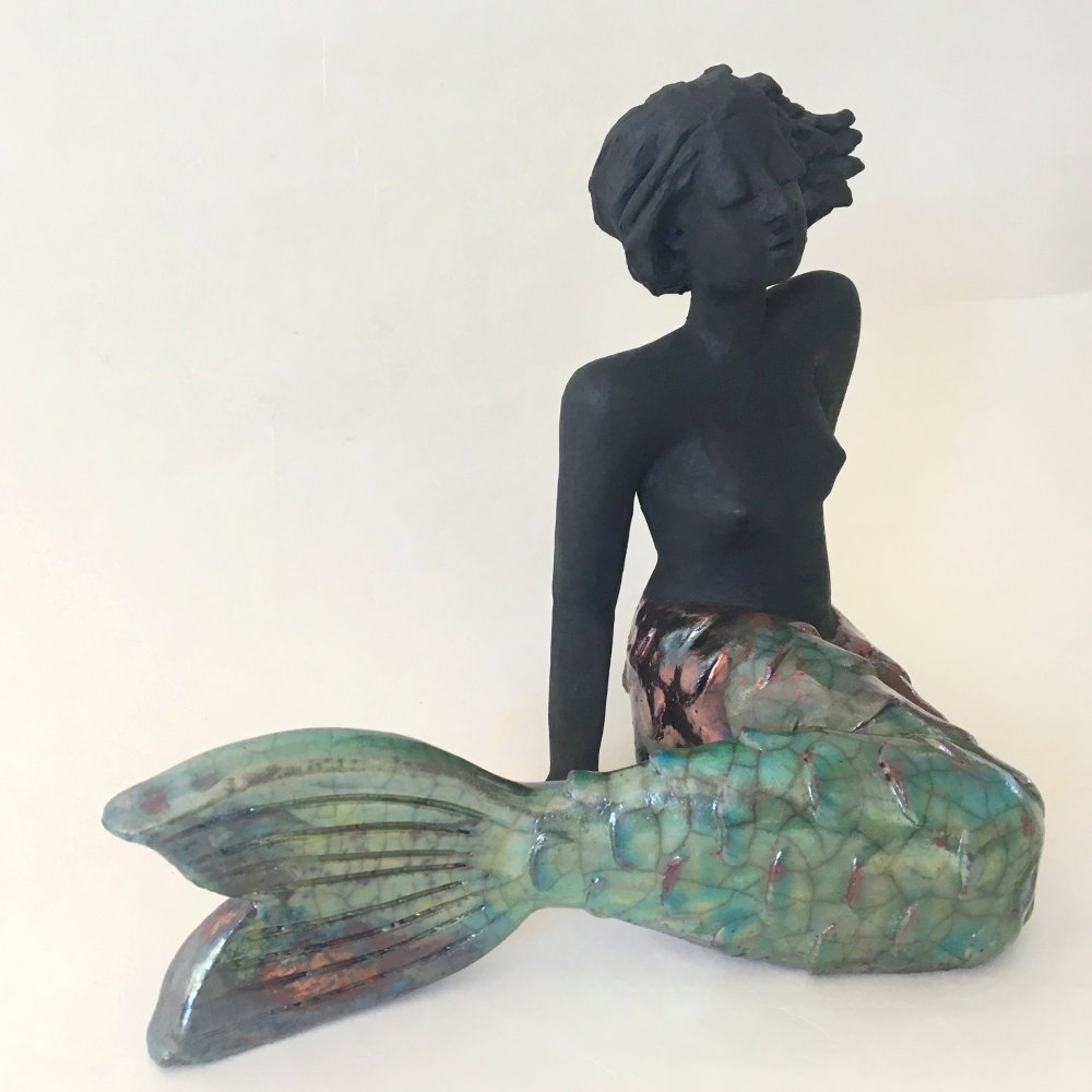 Skulptur Meerjungfrau Raku Keramik